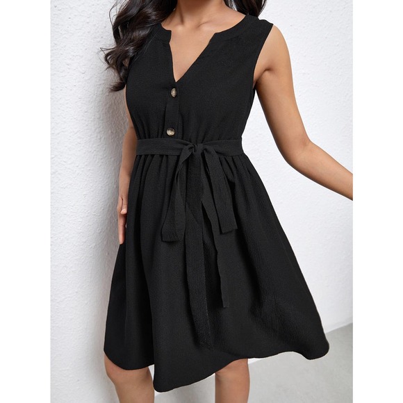 Maternity Button down Belted tank mini Dress black - Picture 4 of 6